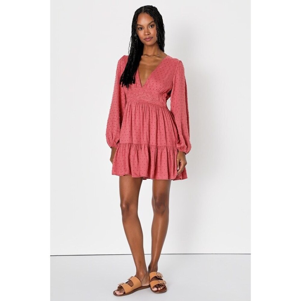 Lulus Graceful Cutie Rusty Rose Swiss Dot Long Sleeve Mini Dress Pink - Size XL